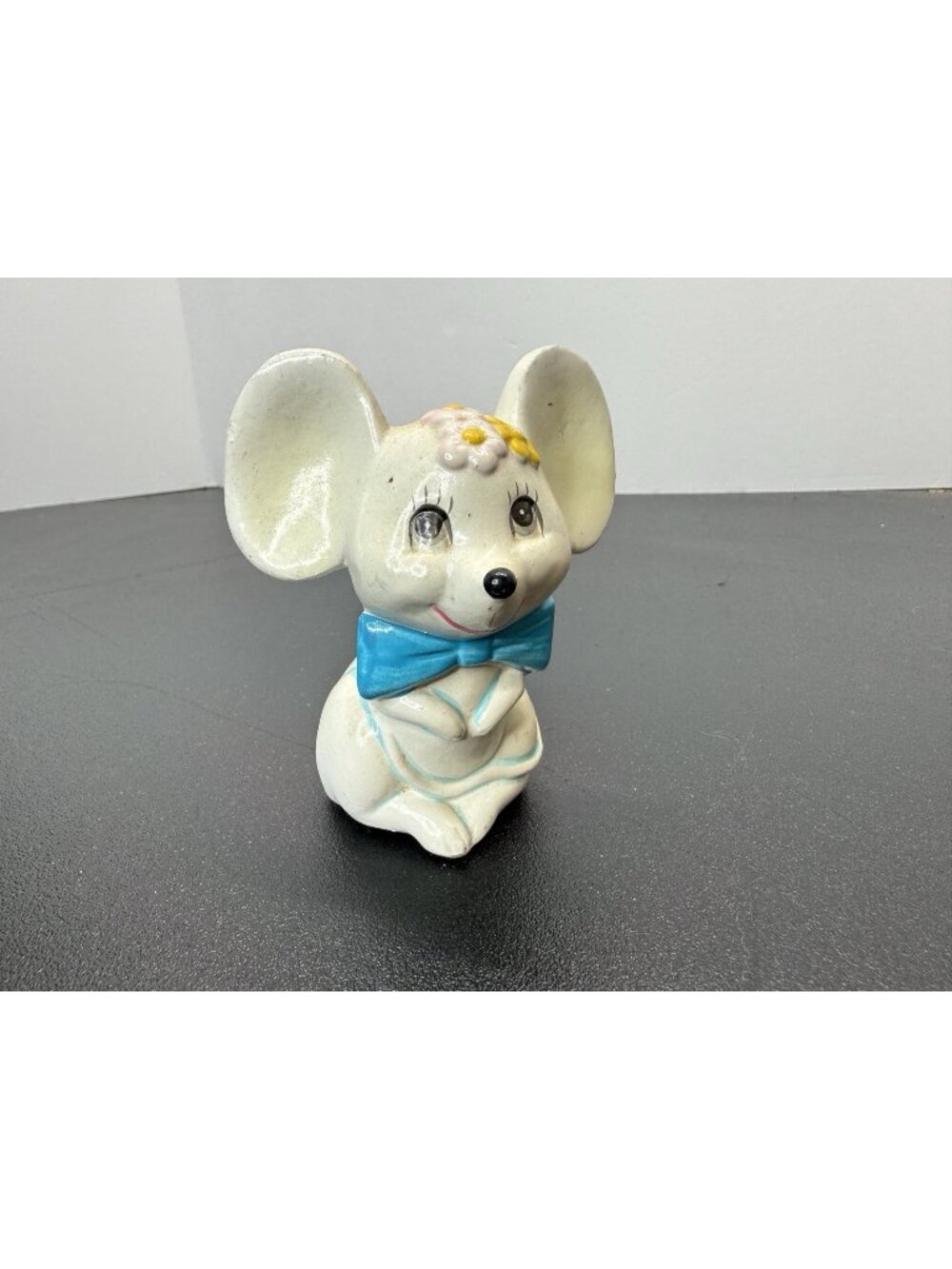 Vintage Hand Painted Ceramic Mouse Figurine with Bow Blue White Trinket Mouse